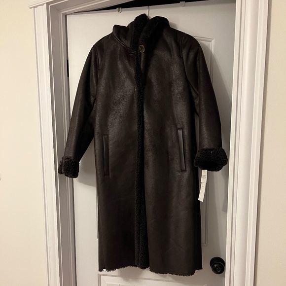 Calvin Klein brown faux leather shearling trimmed hooded coat - Picture 11 of 13